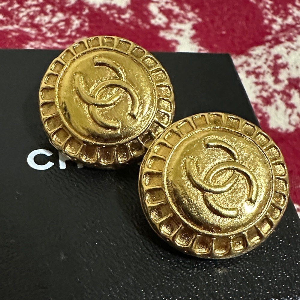 Chanel Gold-Tone Interlocking CC Button Earrings